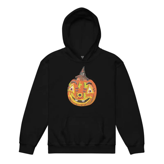 Black Hoodie featuring Pumpkin Witch graphic from the Halloween Collection for youth