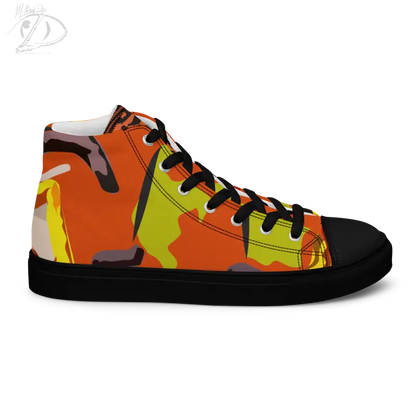 High-top Pumpkin Witch Men’s Canvas Shoes featuring vibrant camouflage pattern and black sole