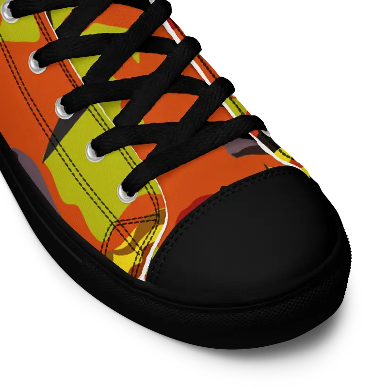 Colorful Pumpkin Witch Men’s High Top Canvas Shoes with orange, yellow stripes and black laces