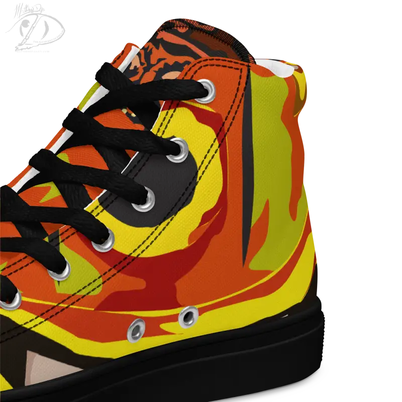 High-top canvas shoes featuring a vibrant pumpkin witch flame design for men