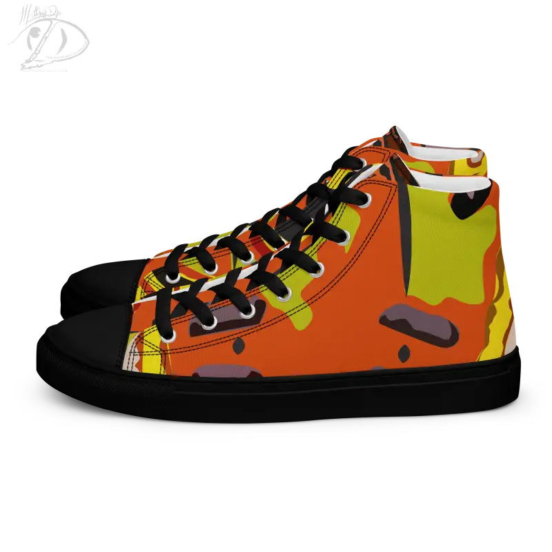 High-top Pumpkin Witch Men’s Canvas Shoes featuring vibrant orange and black camouflage