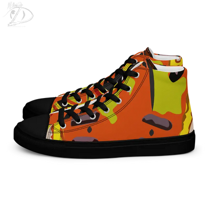 High-top Pumpkin Witch Men’s Canvas Shoes featuring vibrant orange and black camouflage