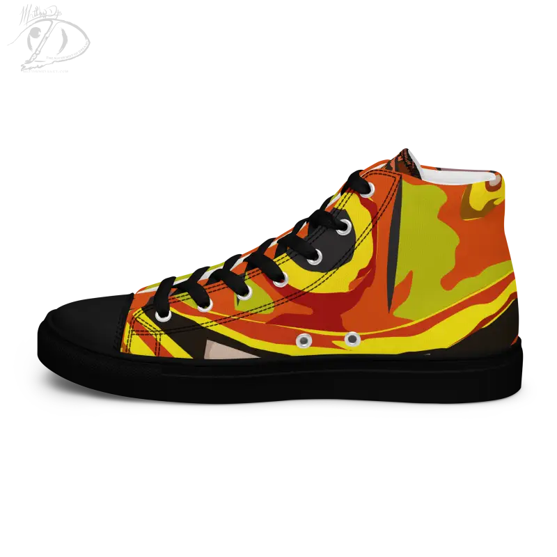 High-top Pumpkin Witch Men’s Canvas Shoes in vibrant orange, yellow, and black camouflage