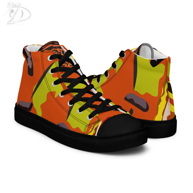 High-top canvas shoes in vibrant orange, yellow, and black camouflage design for Pumpkin Witch Men’s High