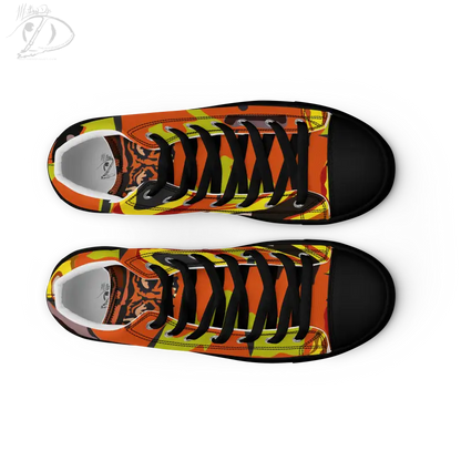 Vibrant Pumpkin Witch Men’s High Top Canvas Shoes in black, orange, and yellow design