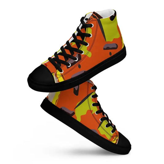 High-top canvas shoes in vibrant orange and yellow camouflage for Pumpkin Witch Men’s High