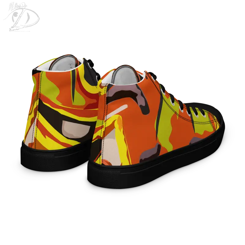 High-top Pumpkin Witch Men’s Canvas Shoes in vibrant orange, yellow, and black camouflage