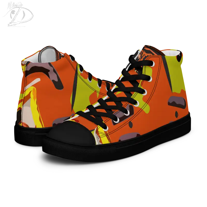 High-top sneakers with orange, yellow, and green abstract design from Pumpkin Witch Men’s High