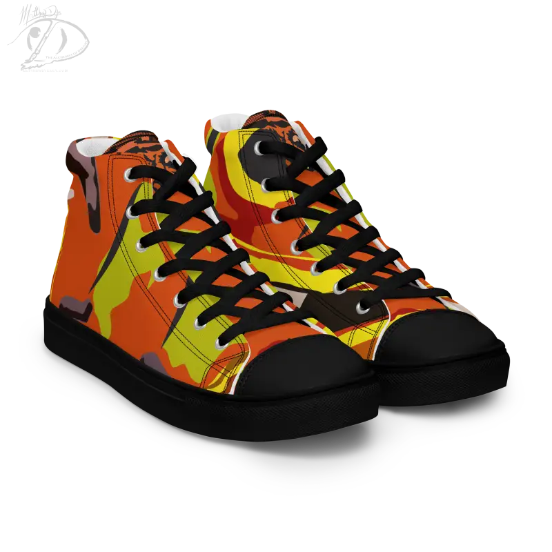 High-top Pumpkin Witch Men’s canvas shoes featuring an orange and yellow abstract design