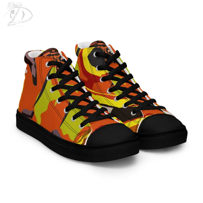 High-top Pumpkin Witch Men’s canvas shoes featuring an orange and yellow abstract design