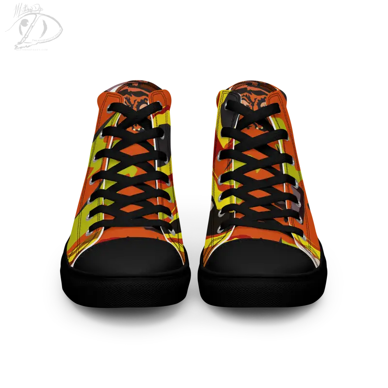 High-top Pumpkin Witch Men’s Canvas Shoes with orange, yellow, and black geometric pattern