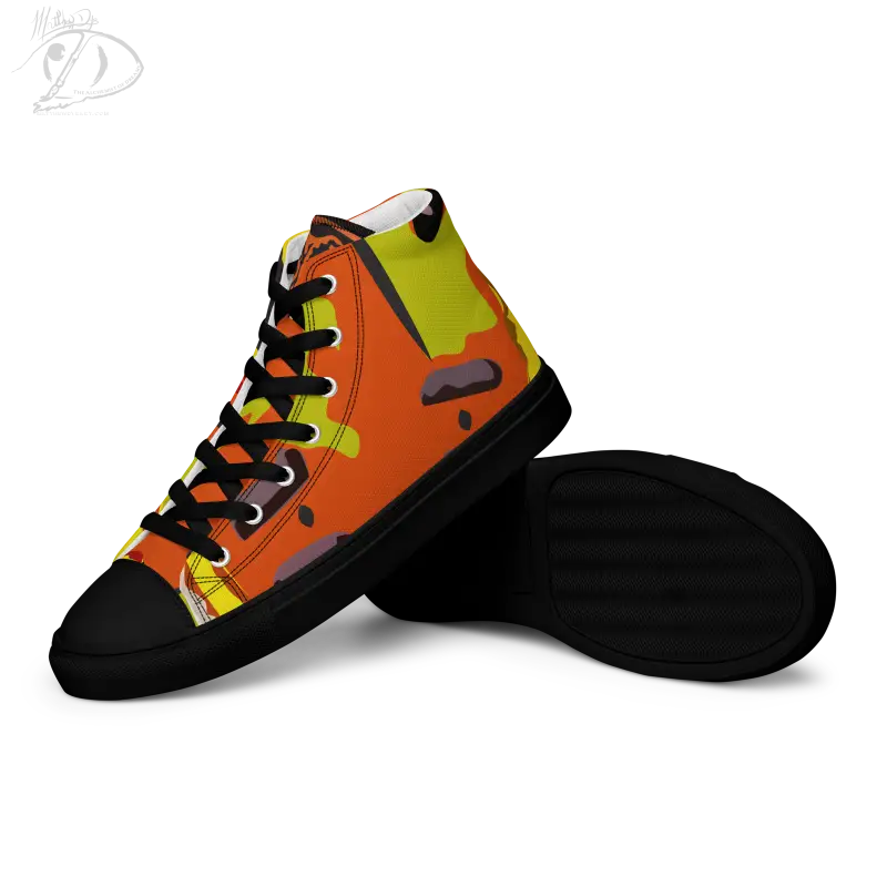 High-top Pumpkin Witch Men’s canvas shoes in vibrant orange, yellow, and black colors