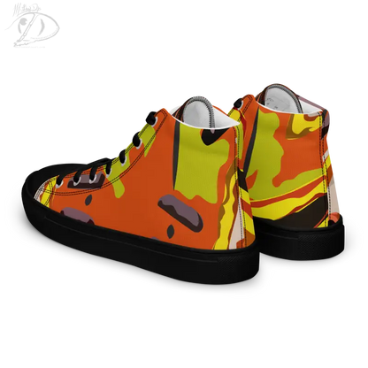 High-top Pumpkin Witch Men’s Canvas Shoes in vibrant orange, yellow, and black camouflage