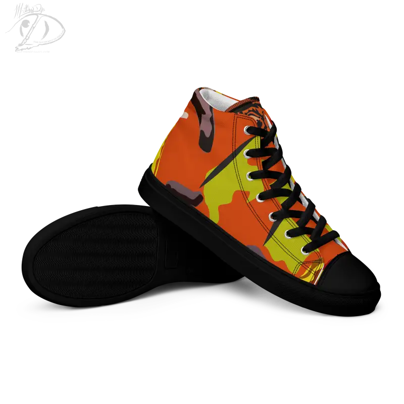 High-top Pumpkin Witch Men’s High Top Canvas Shoes in orange and yellow camouflage