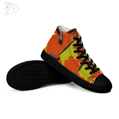 High-top Pumpkin Witch Men’s High Top Canvas Shoes in orange and yellow camouflage