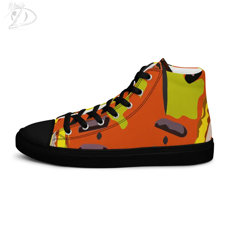 High-top Pumpkin Witch Men’s Canvas Shoes in vibrant orange, yellow, and green camouflage