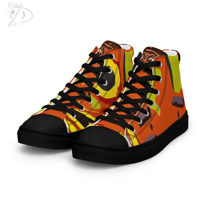 High-top Pumpkin Witch Men’s Canvas Shoes in vibrant orange and yellow with black trim