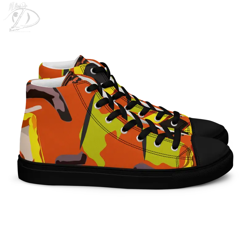 High-top Pumpkin Witch Men’s Canvas Shoes in vibrant orange, yellow, and black camouflage