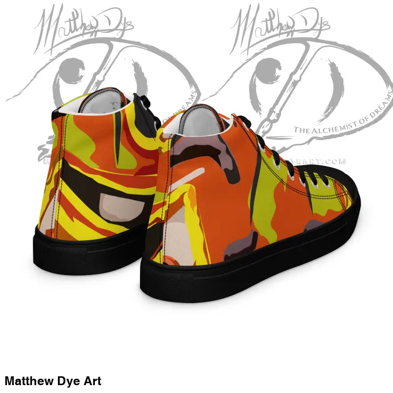 High-top Pumpkin Witch men’s canvas shoes with orange, yellow, and black camouflage design
