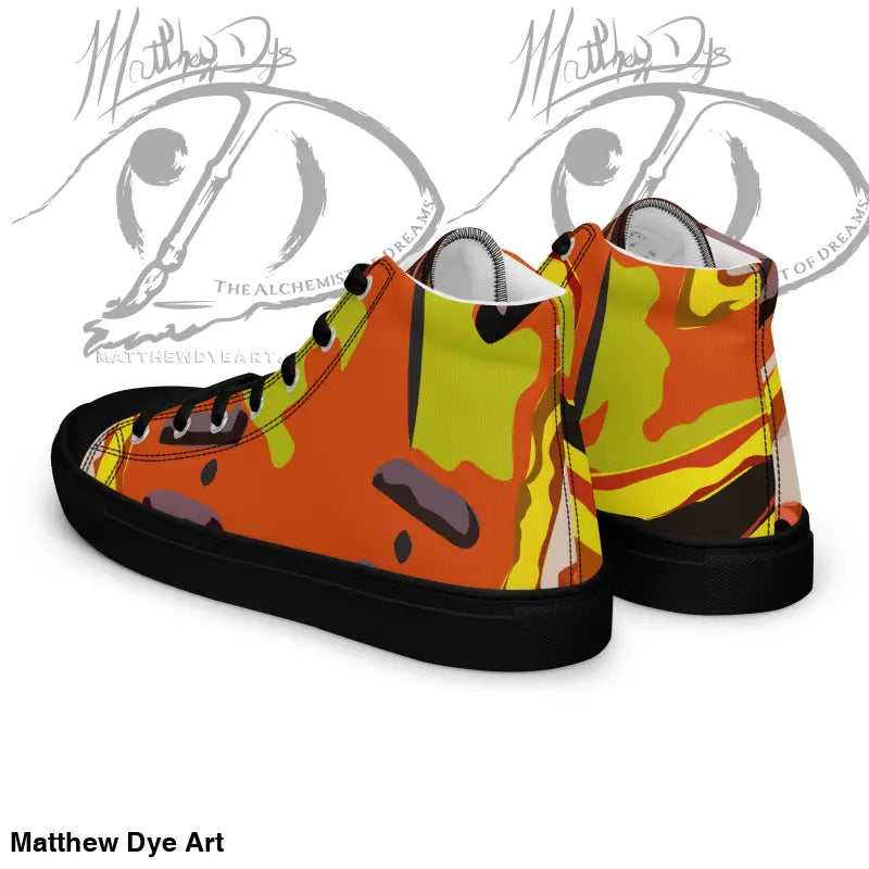 High-top Pumpkin Witch men’s canvas shoes in orange, yellow, and black camouflage pattern