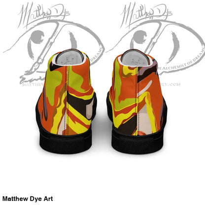 High-top canvas shoes featuring a flame design, perfect for Pumpkin Witch men’s style