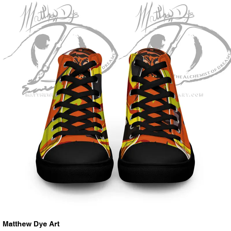High-top sneakers with orange, yellow, and black geometric pattern for Pumpkin Witch men’s shoes
