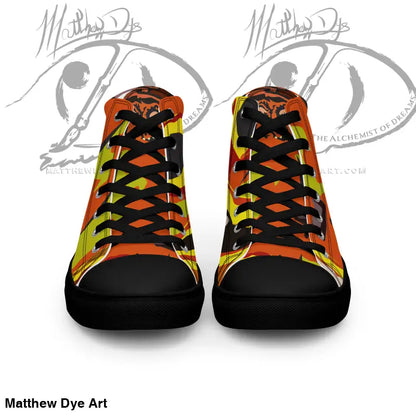 High-top sneakers with orange, yellow, and black geometric pattern for Pumpkin Witch men’s shoes