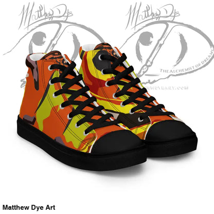High-top sneakers featuring an orange and yellow abstract design for Pumpkin Witch Men’s