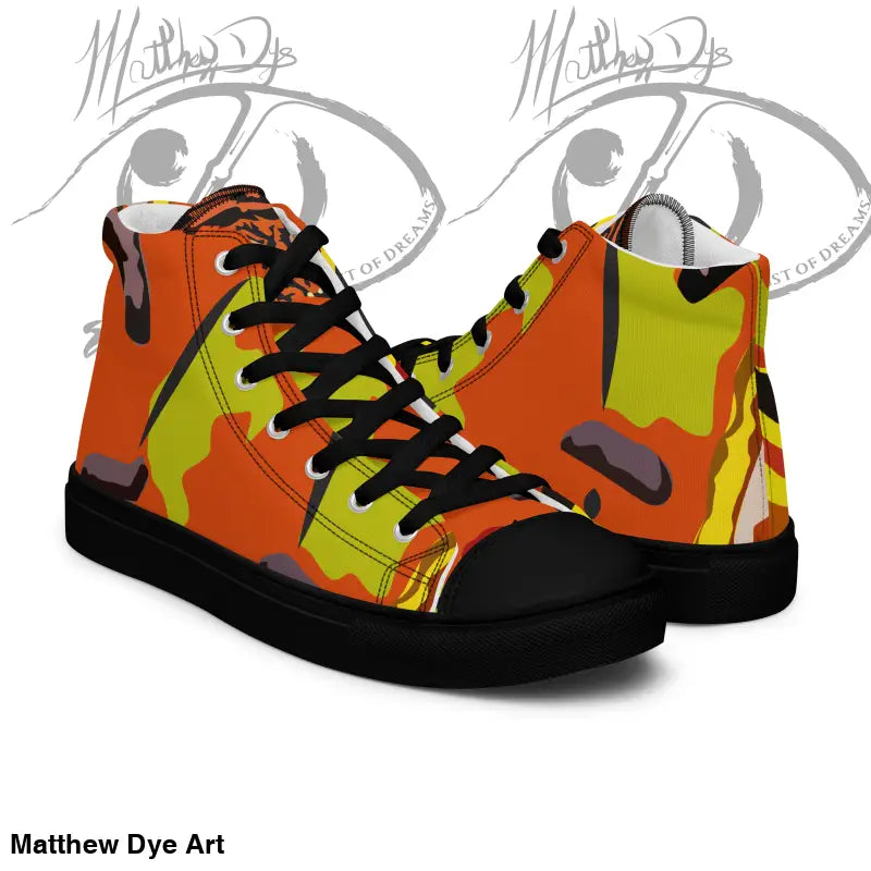 High-top sneakers with orange, yellow, and black camouflage for Pumpkin Witch men’s canvas shoes