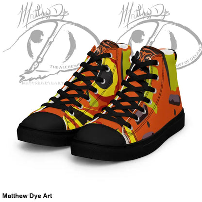 High-top Pumpkin Witch Men’s Canvas Shoes in orange and yellow with black laces