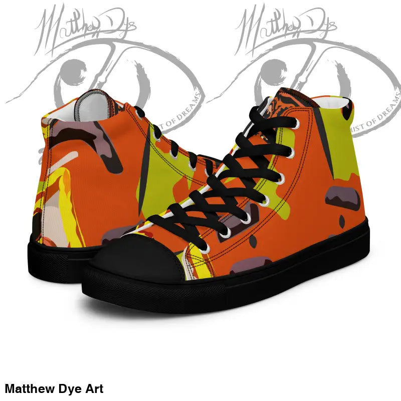 High-top sneakers with orange, yellow, green abstract design for Pumpkin Witch Men’s canvas shoes