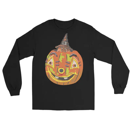 Black long-sleeved Pumpkin Witch Men’s shirt featuring a whimsical pumpkin graphic
