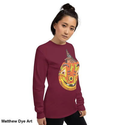 Maroon long-sleeved shirt featuring whimsical pumpkin graphic for Pumpkin Witch Men’s style
