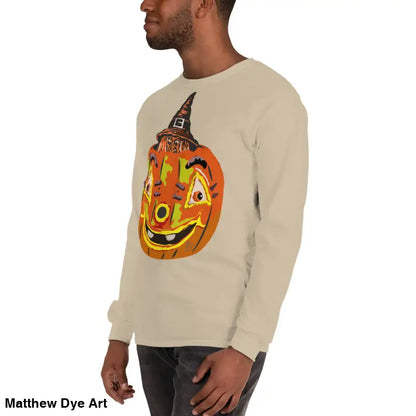 Beige long-sleeved shirt featuring whimsical pumpkin graphic for pumpkin witch men’s style