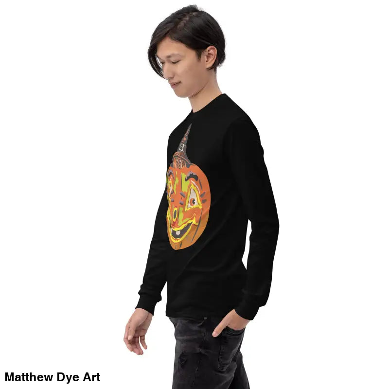 Black long-sleeved Pumpkin Witch Men’s Shirt featuring a whimsical pumpkin graphic
