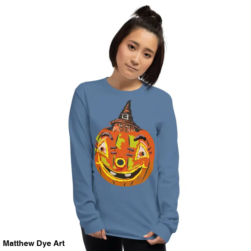 Blue long-sleeved shirt featuring whimsical pumpkin graphic for Pumpkin Witch Men’s style