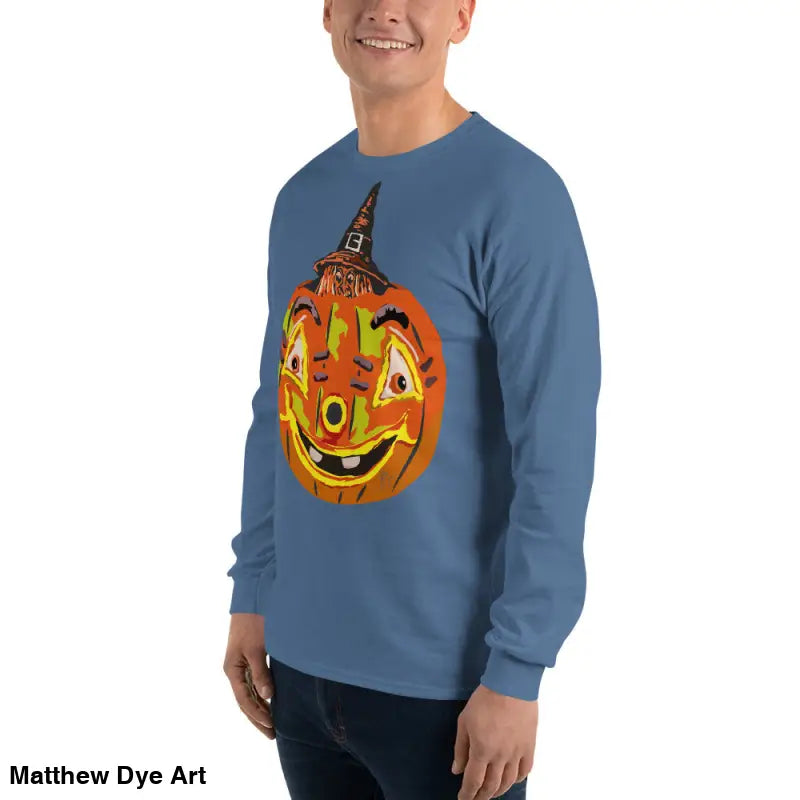 Blue long-sleeved Pumpkin Witch Men’s shirt featuring a whimsical pumpkin graphic