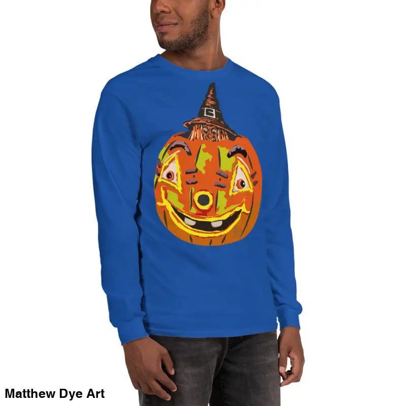 Blue long-sleeved shirt featuring whimsical pumpkin graphic for Pumpkin Witch Men’s style