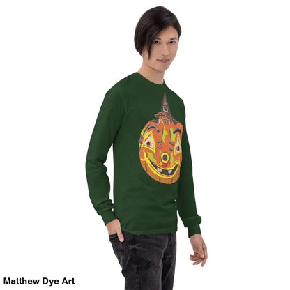 Green long-sleeved Pumpkin Witch men’s shirt featuring a whimsical pumpkin graphic