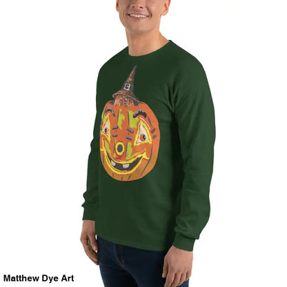 Green long-sleeved Pumpkin Witch Men’s Shirt featuring a whimsical pumpkin graphic