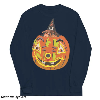 Navy long-sleeved shirt featuring whimsical pumpkin graphic from Pumpkin Witch Men’s collection