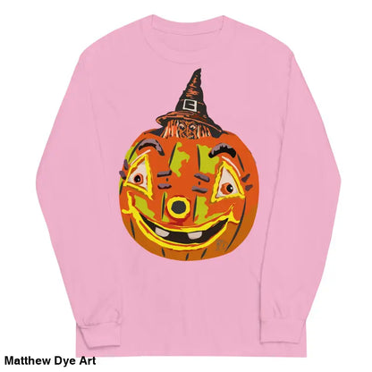 Pink long-sleeved Pumpkin Witch men’s shirt featuring a whimsical pumpkin graphic