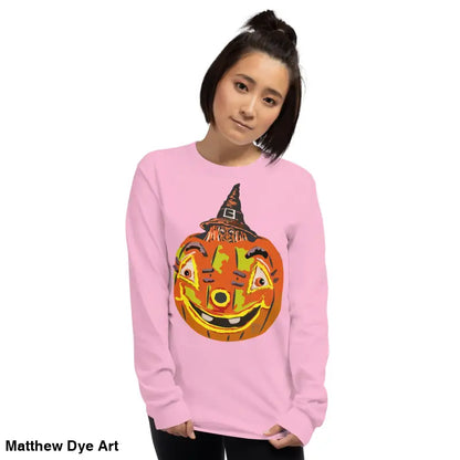 Pink long-sleeved shirt featuring whimsical pumpkin graphic from Pumpkin Witch Men’s collection