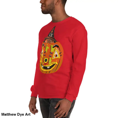 Red long-sleeved Pumpkin Witch Men’s shirt for a whimsical Halloween celebration