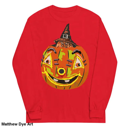 Red long-sleeved Pumpkin Witch Men’s shirt featuring a whimsical pumpkin graphic