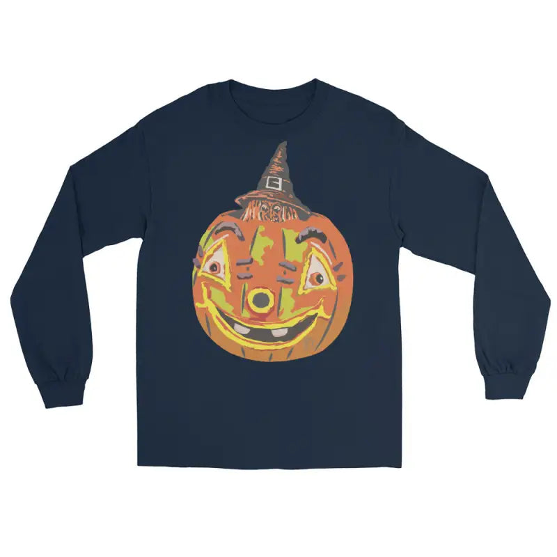 Navy long-sleeved shirt featuring whimsical pumpkin graphic from Pumpkin Witch Men’s collection