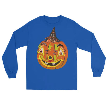 Blue long-sleeved Pumpkin Witch Men’s shirt featuring a whimsical pumpkin graphic