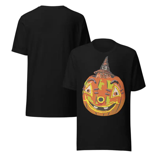 Black t-shirts featuring a pumpkin witch graphic from the Halloween Art Tee collection