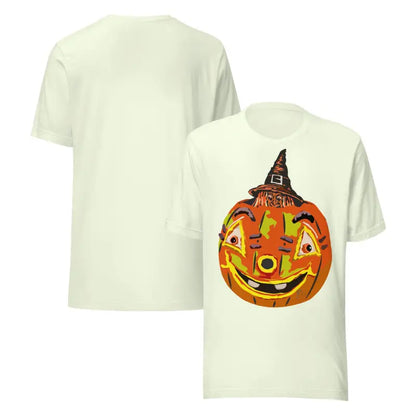Two light yellow t-shirts featuring a pumpkin design from the comfortable cotton Pumpkin Witch unisex tee