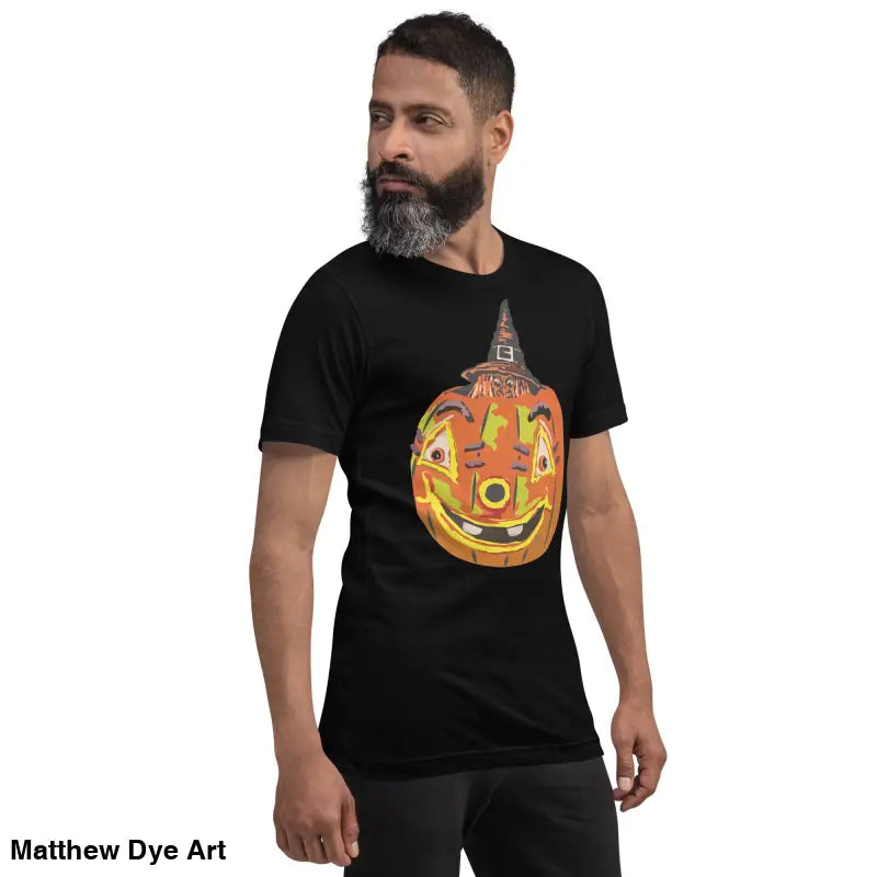 Black t-shirt featuring a pumpkin graphic from the comfortable cotton Pumpkin Witch unisex tee
